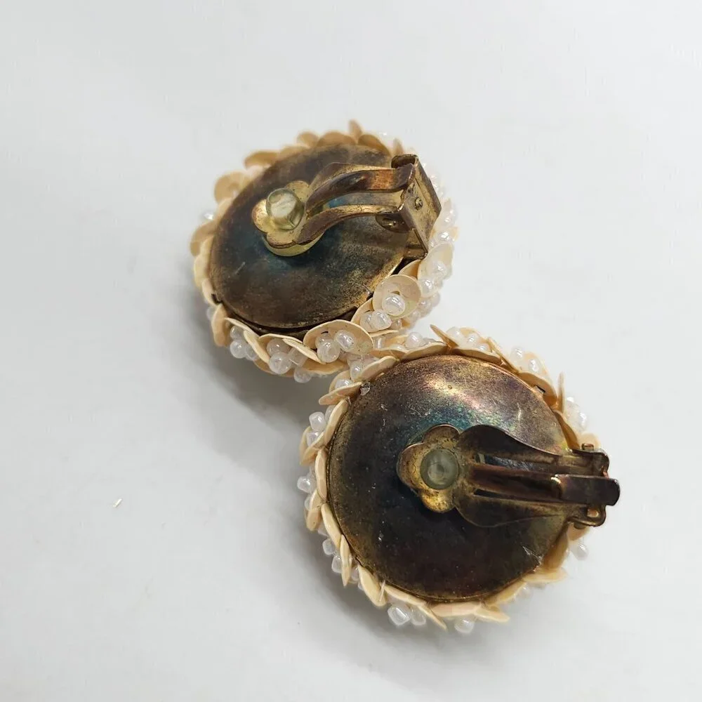Vintage 1980s Clip-On Earrings Beaded Sequin Floral Dome Ivory/White 1 Inch
